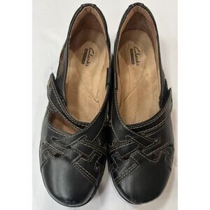 Clarks Ashland Spin‎ Womens size 8W Black Leather Cushioned Adjustable Shoes